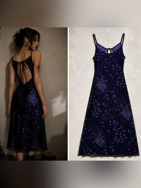 Vntg Currants Purple Floral Satin Lined Slip Dress S Backless Y2K Edgy Fairycore